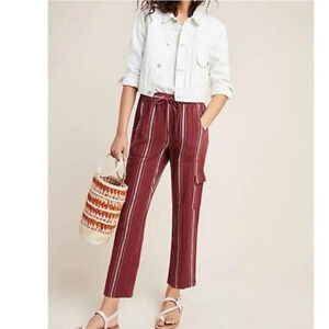 SANCTUARY ANTHROPOLOGIE‎ XS Linen Blend Burgundy Stripe Cropped Cargo Pant